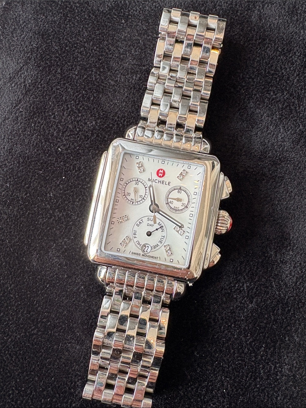 Michele Deco Day Stainless Diamond Dial Watch + Receipt